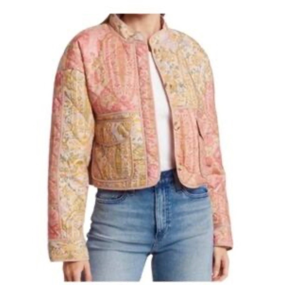 7 For All Mankind Floral Quilted Jacket Medium Cotton Cottagecore Pink Patchwork - Picture 3 of 13